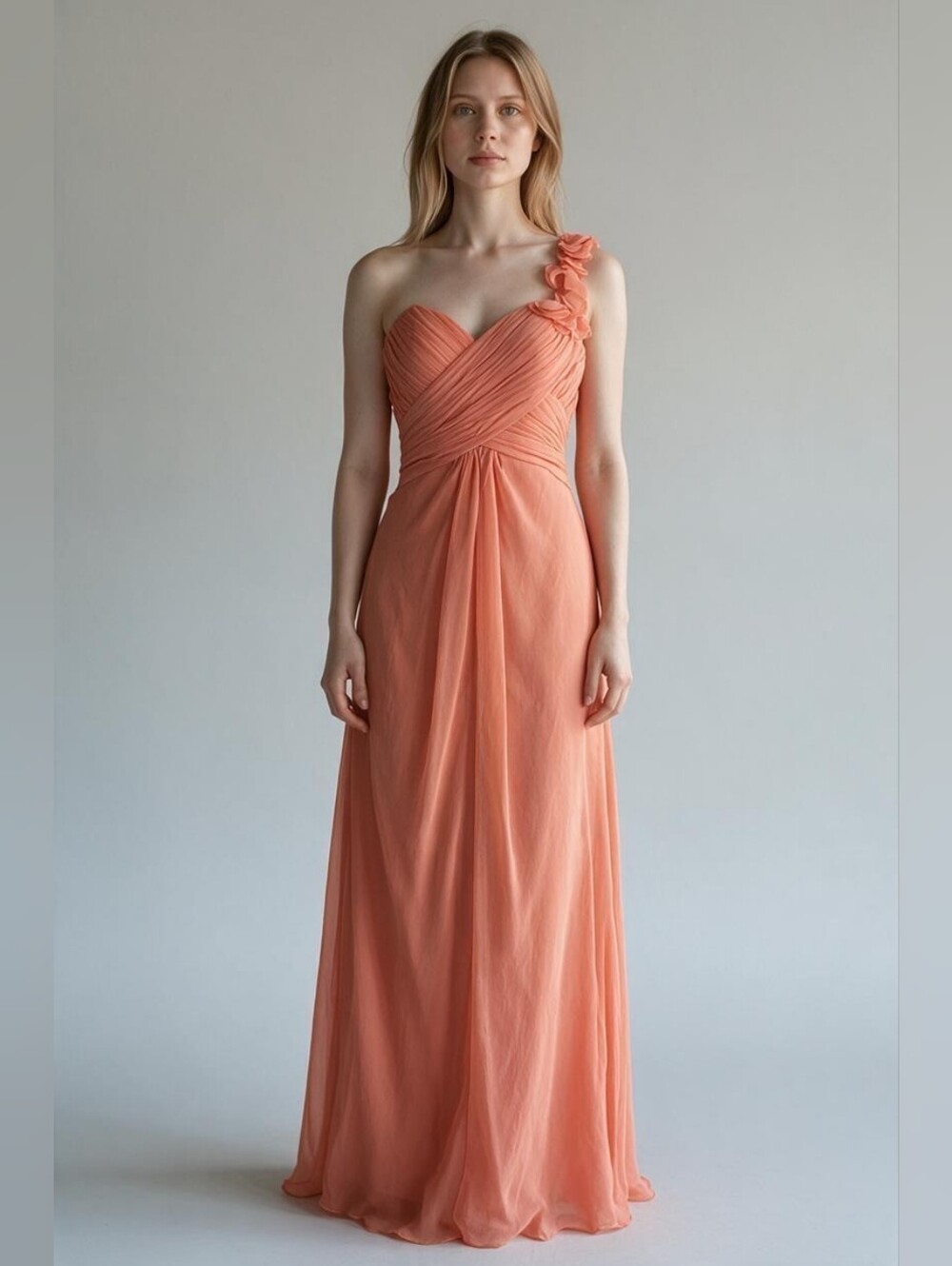Allure Bridals One-Shoulder Coral Peach Chiffon Gown